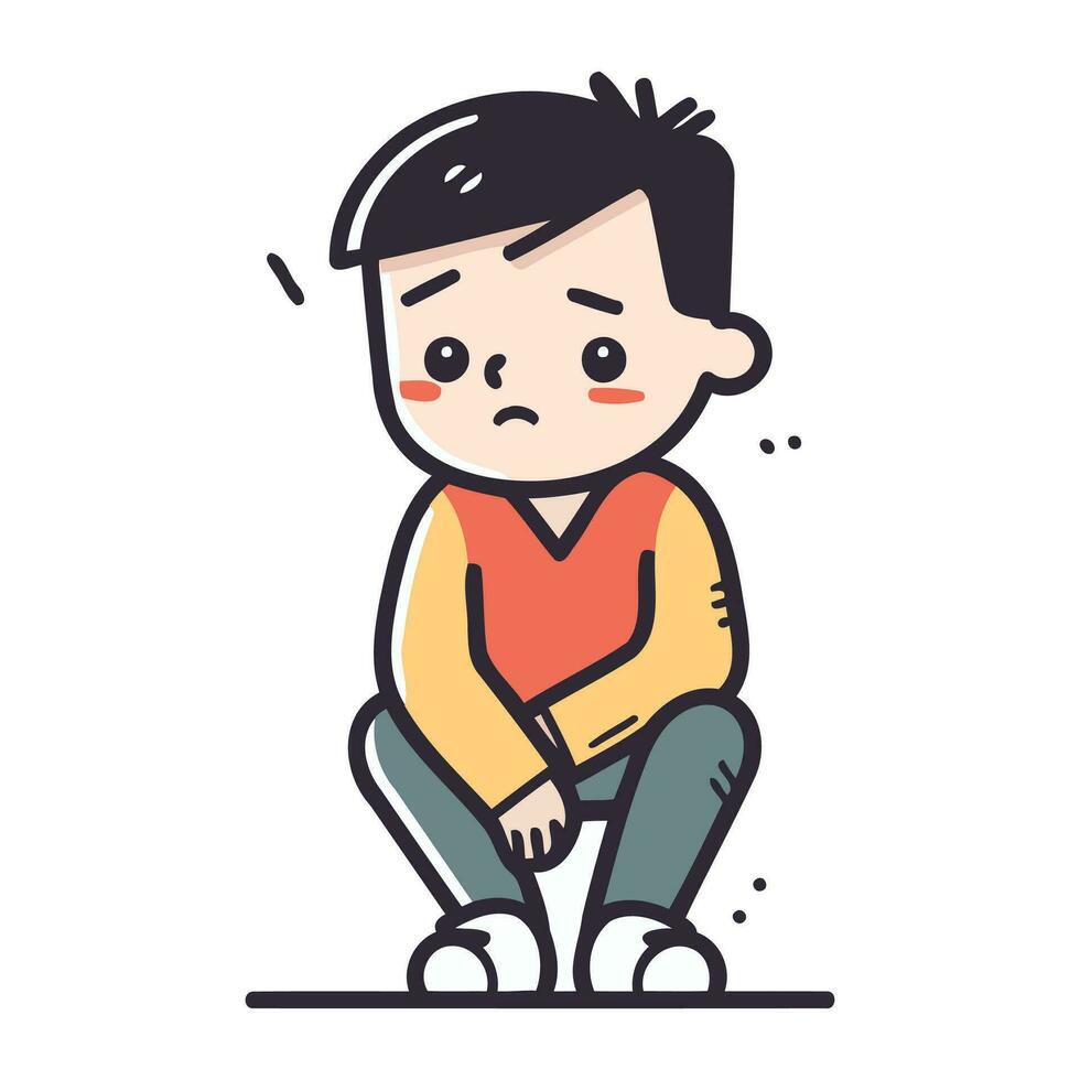 Sad boy sitting on the floor. Vector illustration in thin line style.