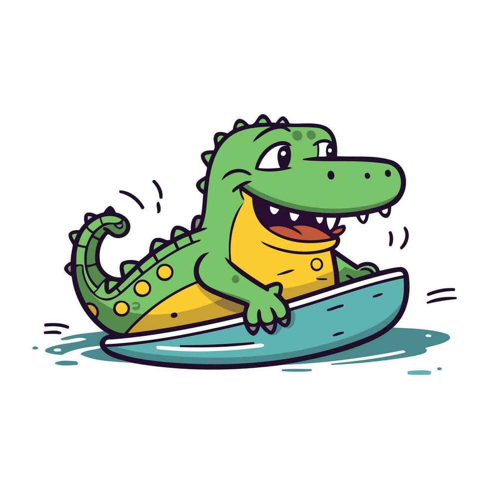 Cute crocodile surfing on surfboard. Cartoon vector illustration.