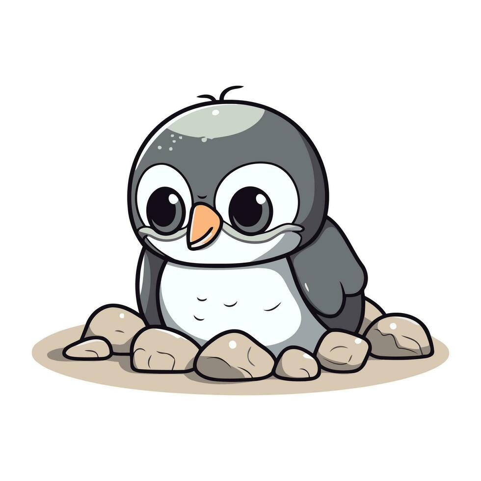 Cute penguin sitting on the rock. Vector cartoon illustration.