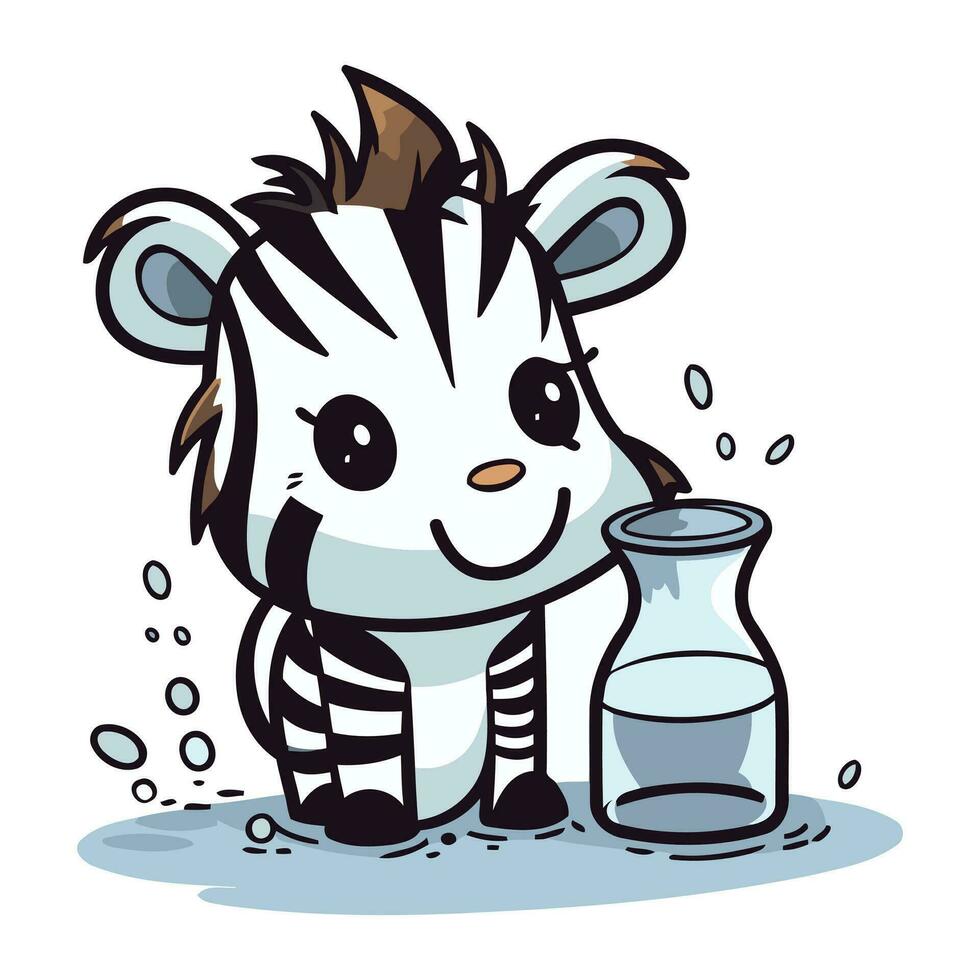Cute zebra with a glass of milk. Vector illustration.