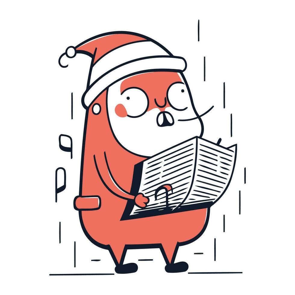 Funny cartoon penguin in santa claus hat reading newspaper. Vector illustration.