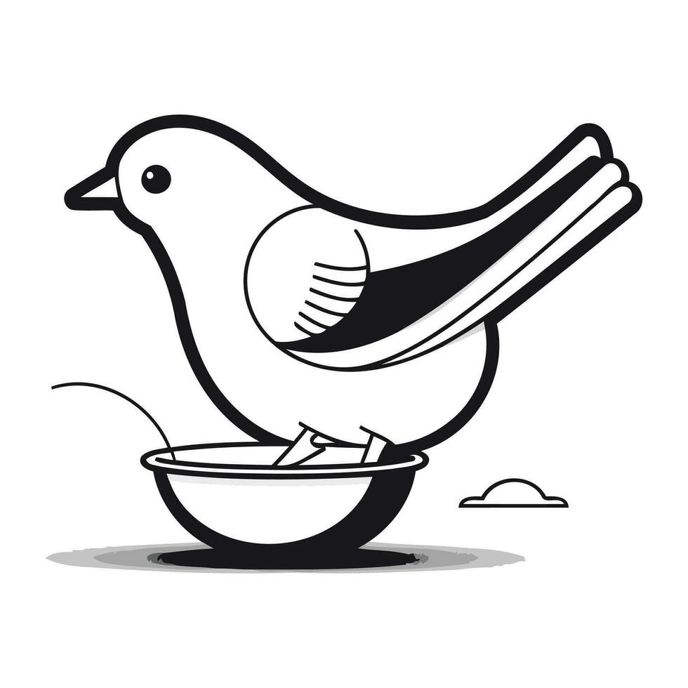 Illustration of a bird eating from a bowl. Vector illustration.