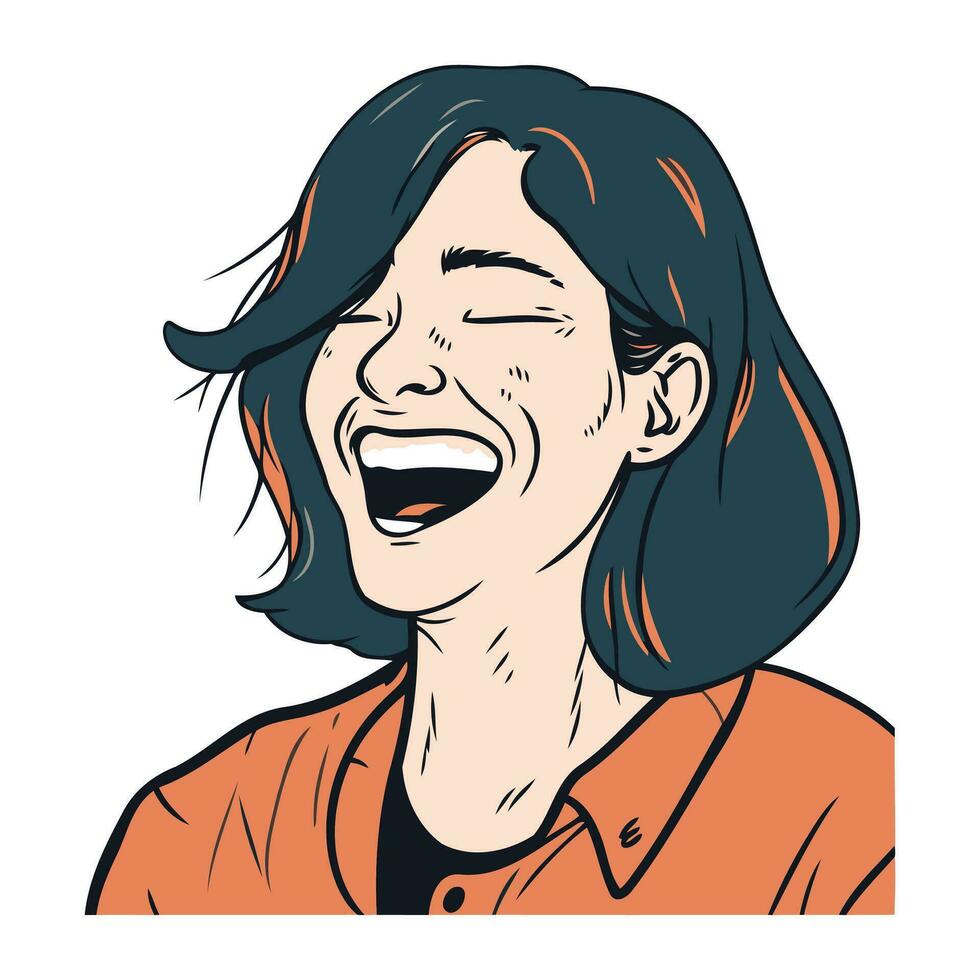 Beautiful young woman laughing. Vector illustration in cartoon comic style.