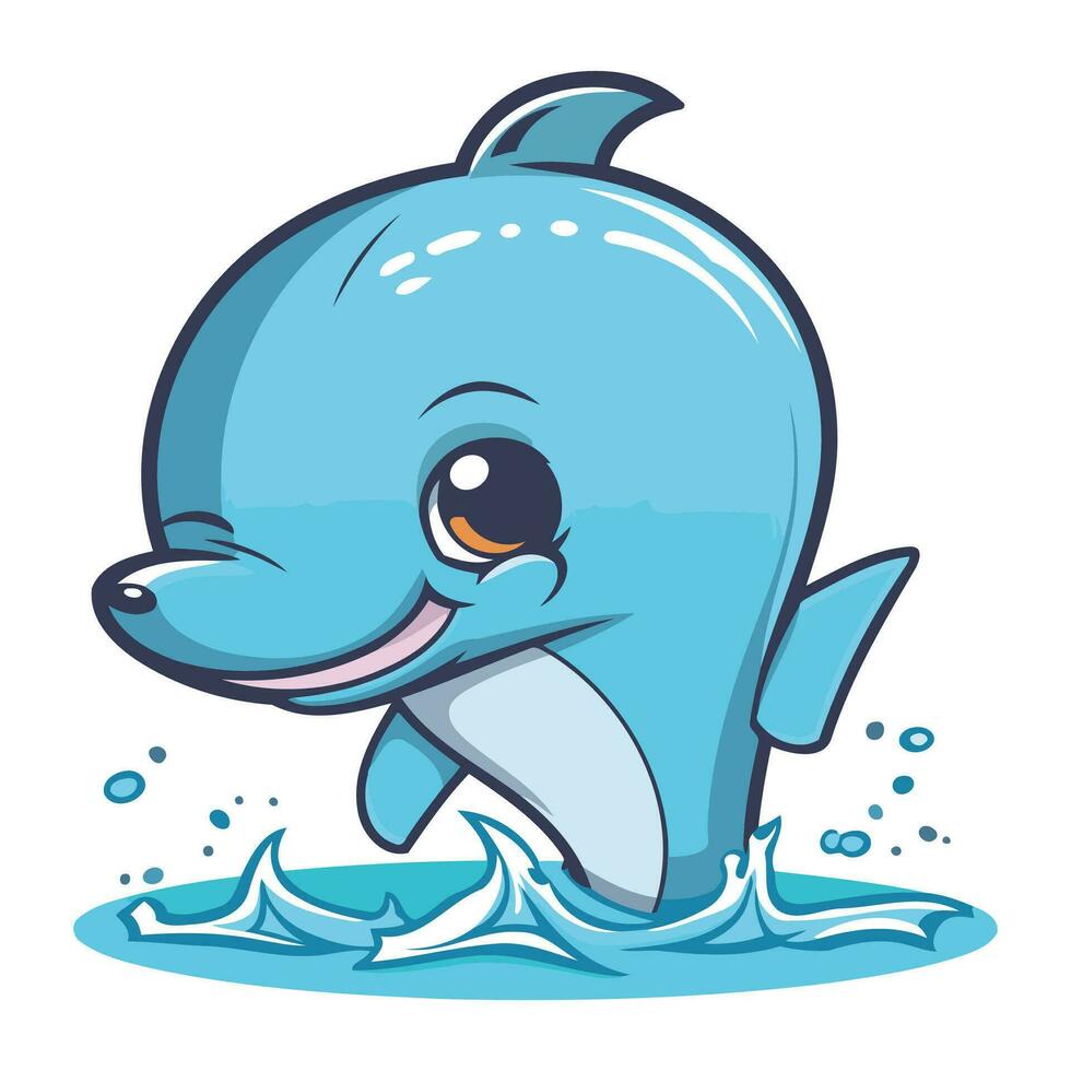 Cute cartoon dolphin jumping out of the water. Vector illustration.