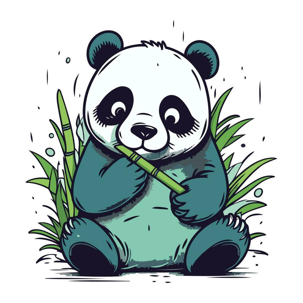 linda panda sentado y participación bambú palo. vector ilustración.