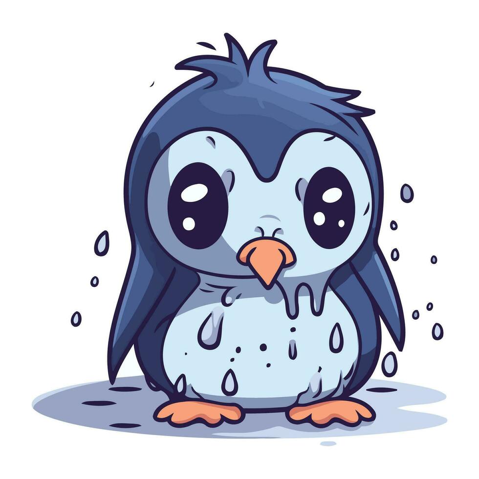 Cute penguin with tears on his face. Vector illustration.