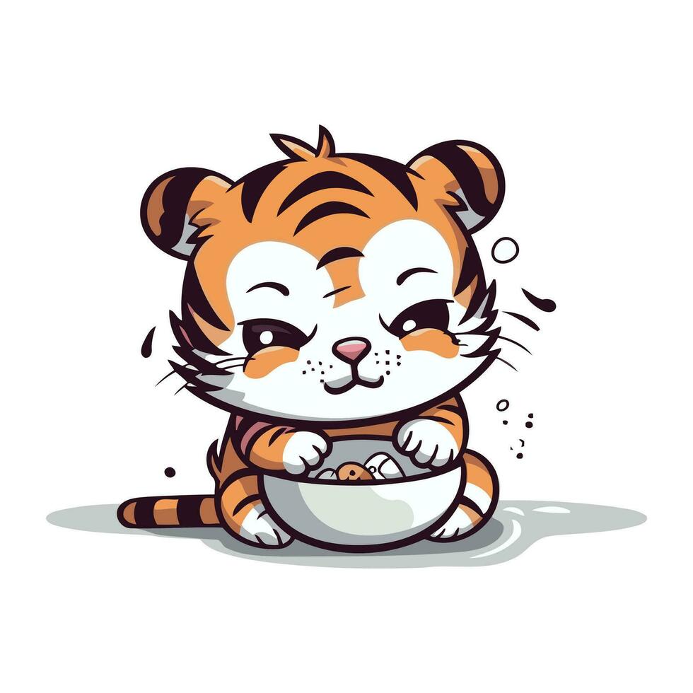 Cute cartoon tiger eating a bowl of food. Vector illustration.