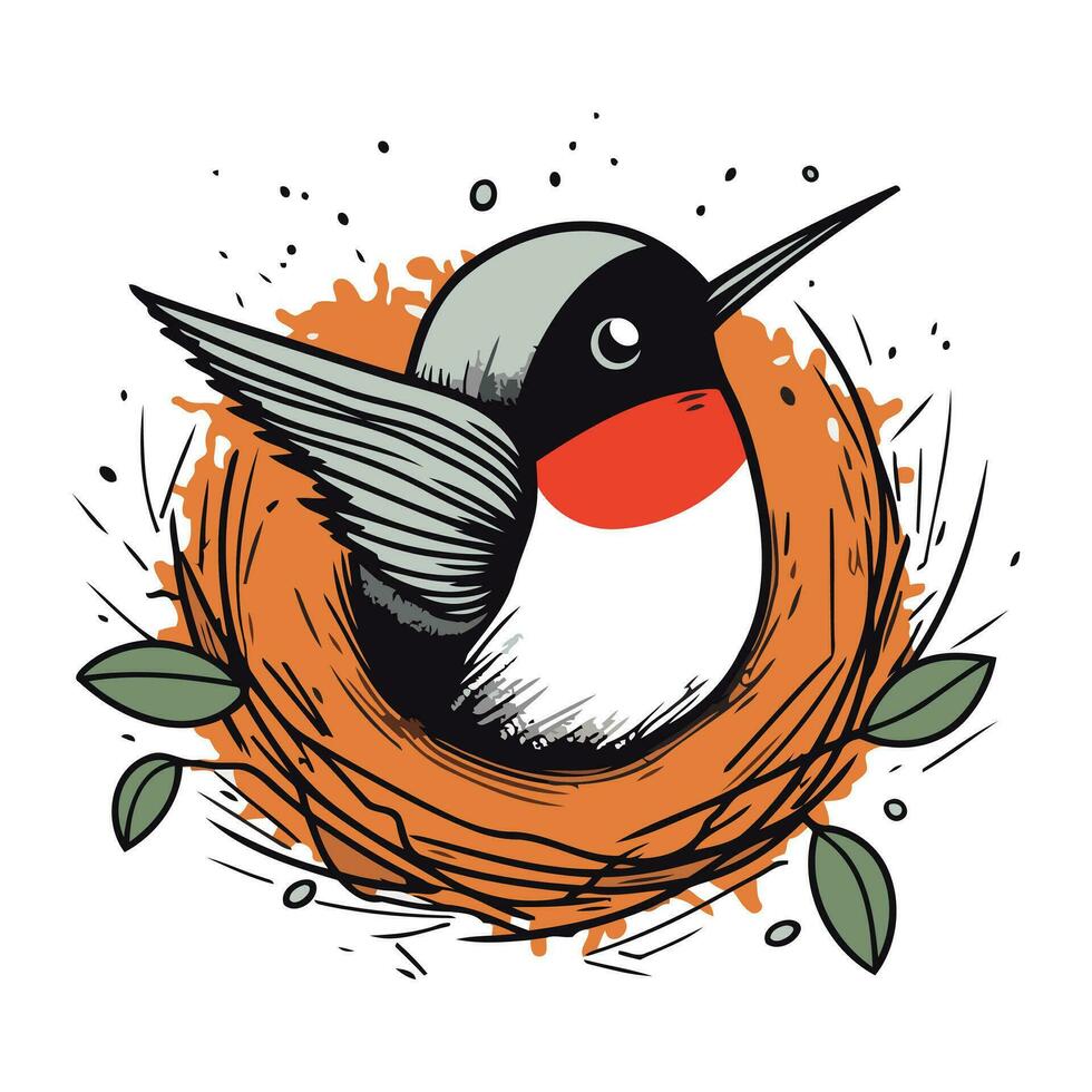 Hand drawn vector illustration of a swallow in a nest with leaves.