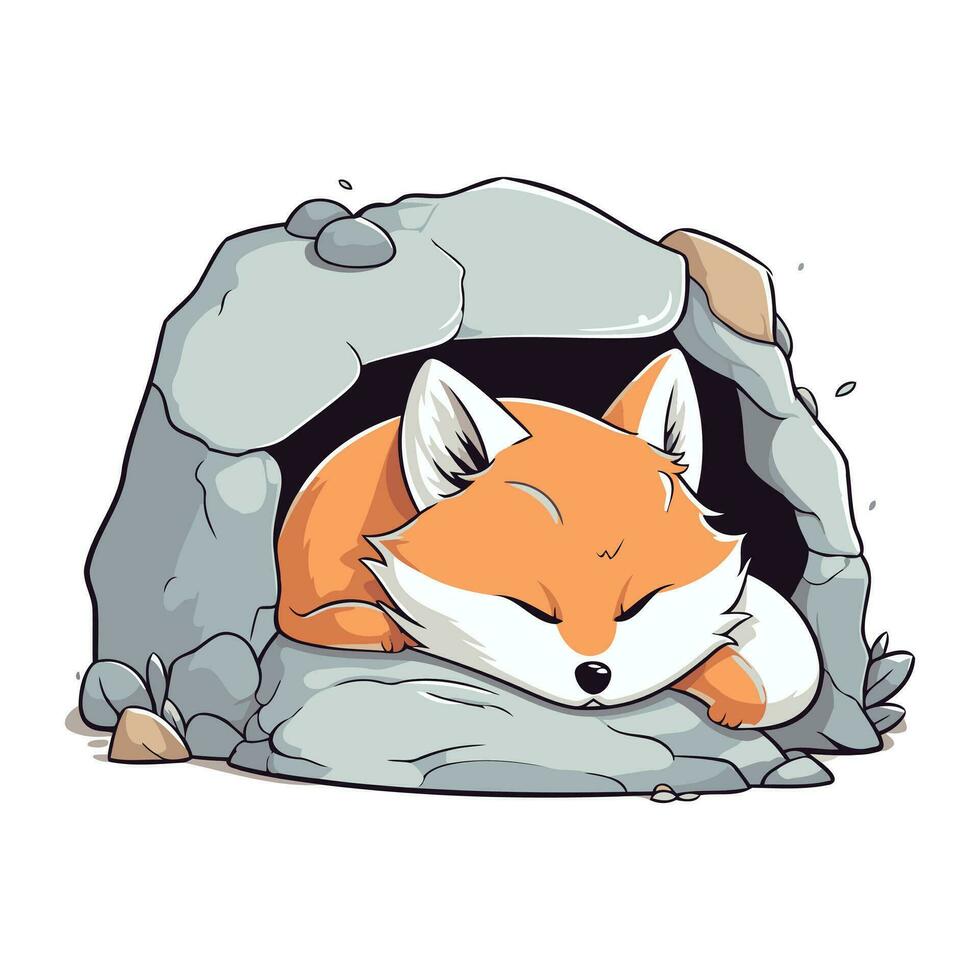 Illustration of a cute fox sleeping in a cave on a white background vector