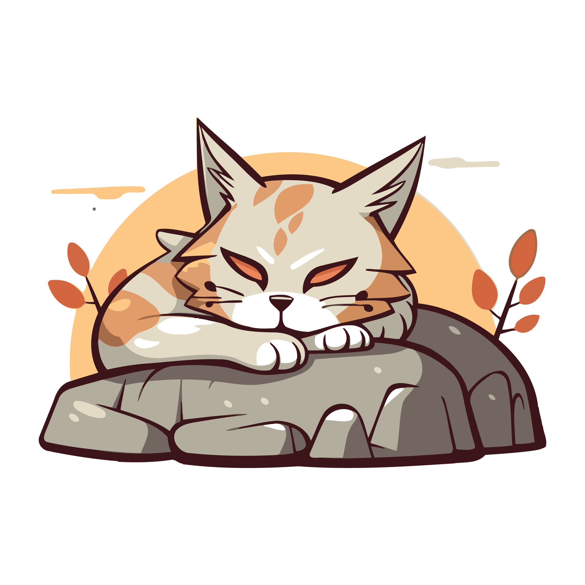 Cute cat sleeping on a rock. Vector illustration in cartoon style