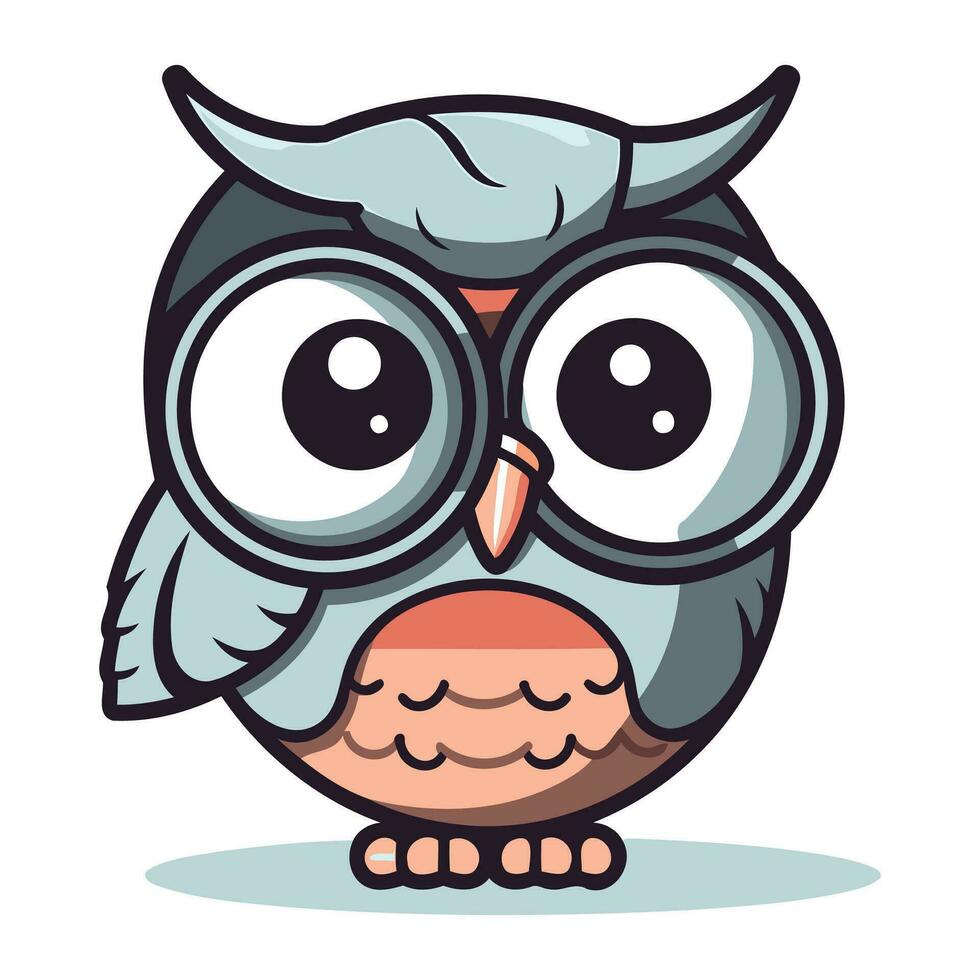 Owl with big eyes and glasses. Cute cartoon vector illustration.