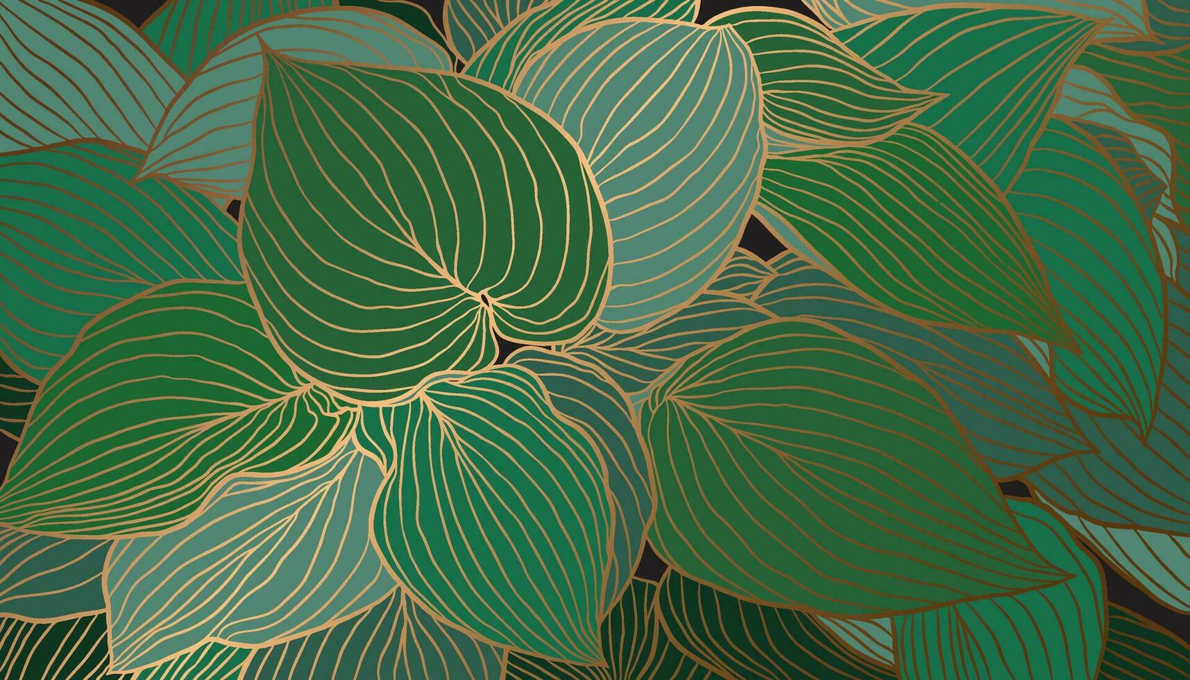 Hand drawn emerald green Hosta leaves with copper metallic outline background vector. Luxury art deco wallpaper design for print, poster, cover, banner, fabric, wrapping. vector