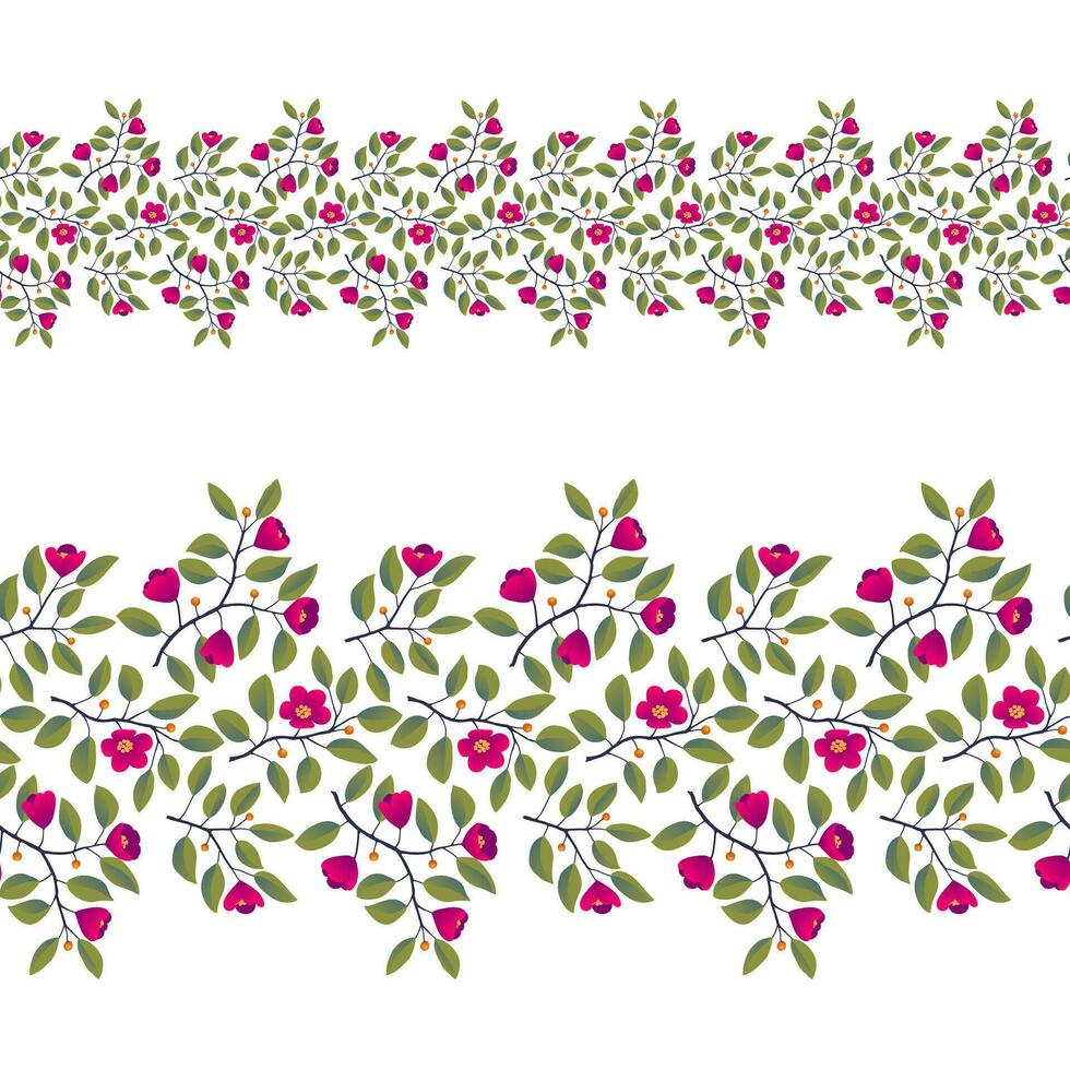 Floral seamless border, branches with leaves and bright magenta flowers on white. Vector illustration, design for poster, banner, invitation, book, fashion fabric, wrapping.