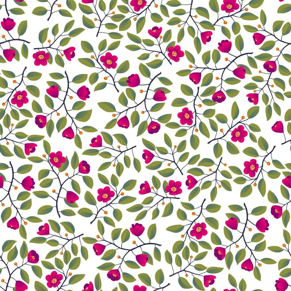 Floral background - seamless pattern, branches with leaves and bright magenta flowers on white. Vector illustration, design for wallpaper, textile, fabric, wrapping.
