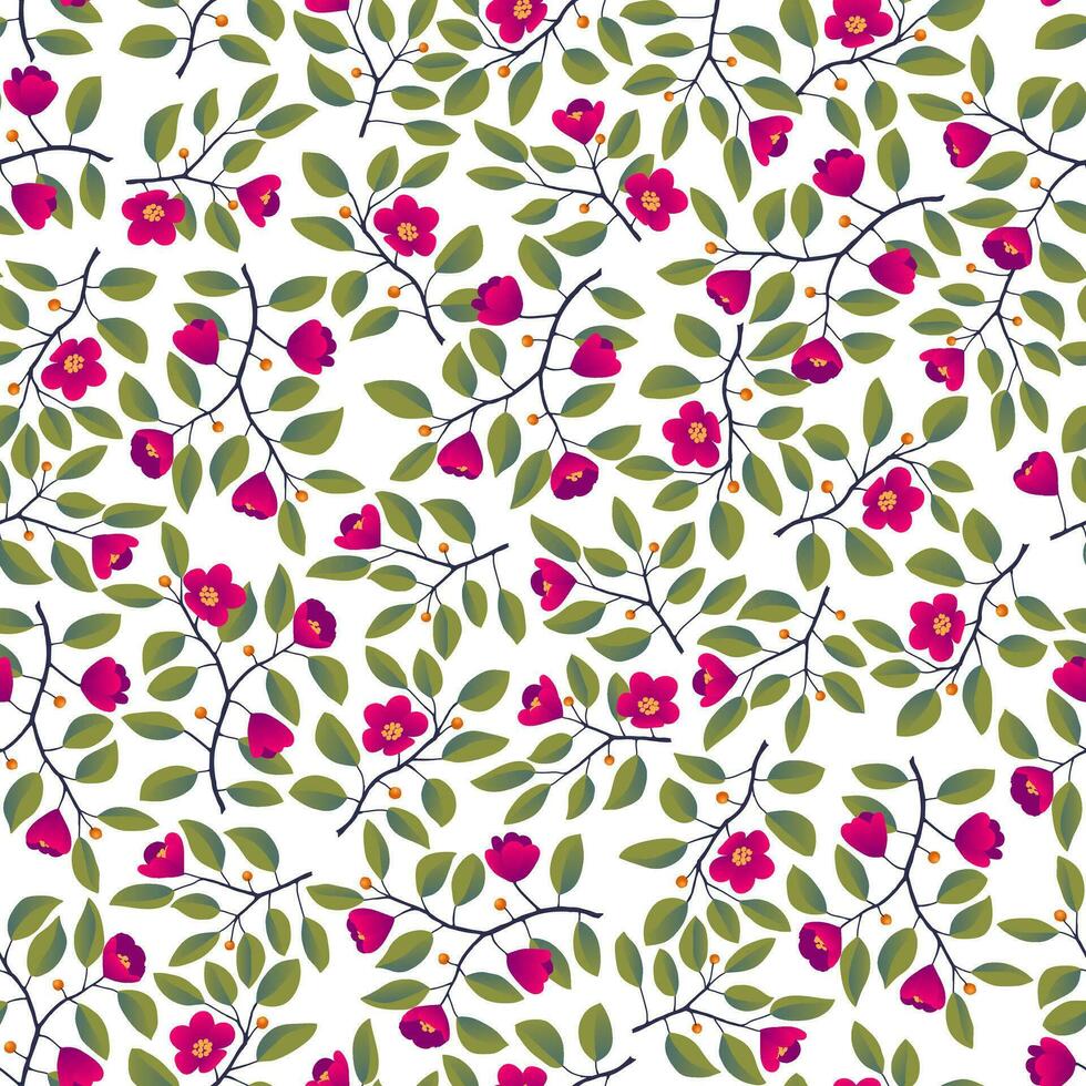 floral antecedentes - sin costura patrón, ramas con hojas y brillante magenta flores en blanco. vector ilustración, diseño para fondo de pantalla, textil, tela, envase.