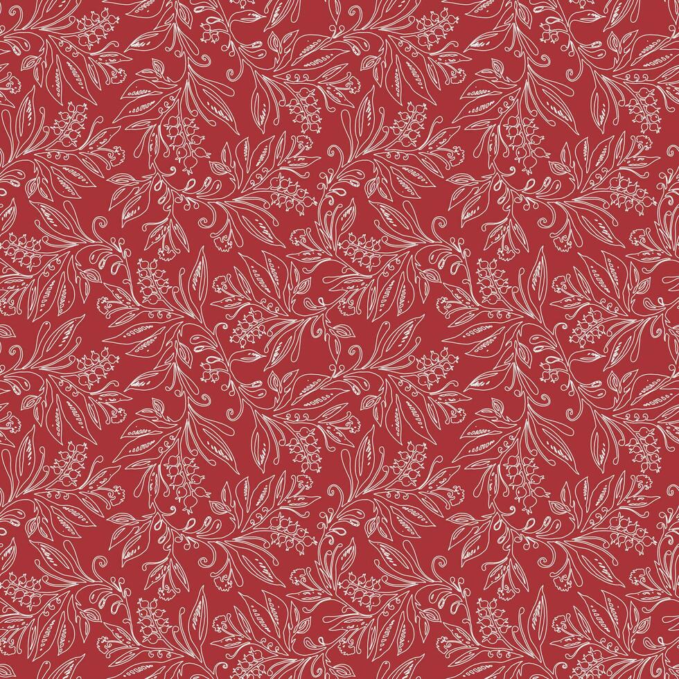 Floral seamless pattern with leaves and berries in wine red and cream colors, hand-drawn and digitized. Design for wallpaper, textile, fabric, wrapping, background. vector