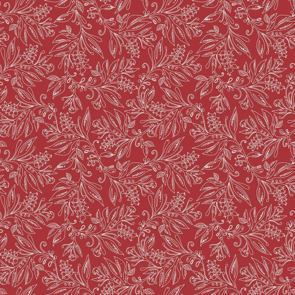 Floral seamless pattern with leaves and berries in wine red and cream colors, hand-drawn and digitized. Design for wallpaper, textile, fabric, wrapping, background. vector