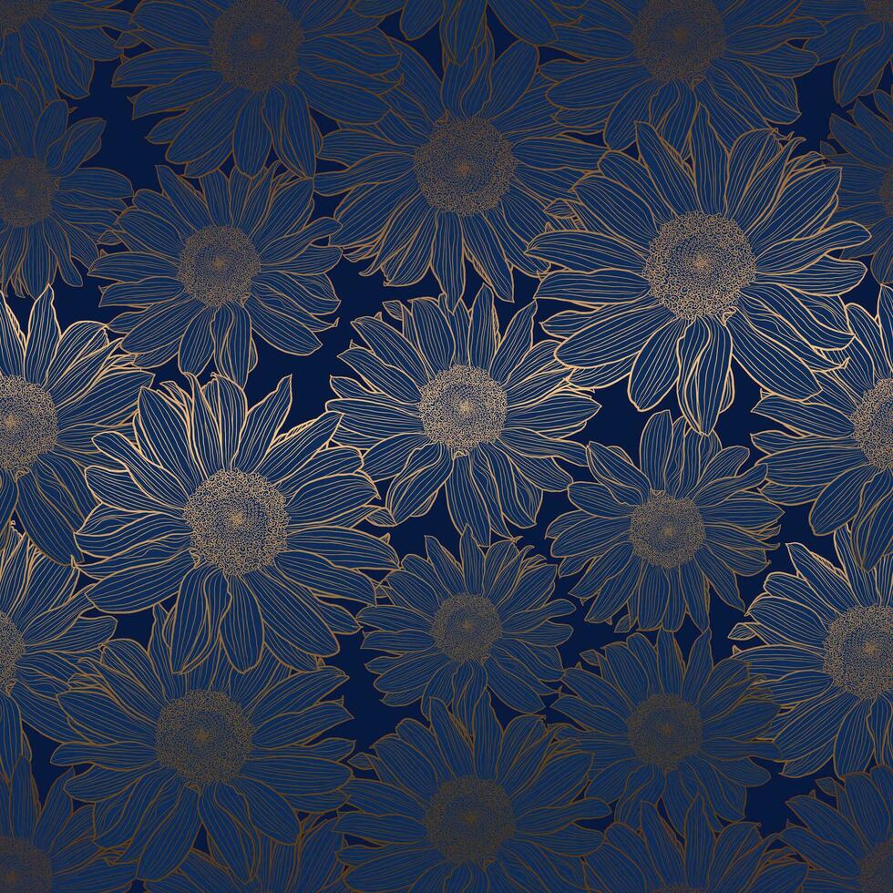 Vector seamless pattern of sunflowers. Luxury art deco gold metallic linear drawing on deep blue. Decorative print for wallpaper, wrapping, textile, fashion fabric.