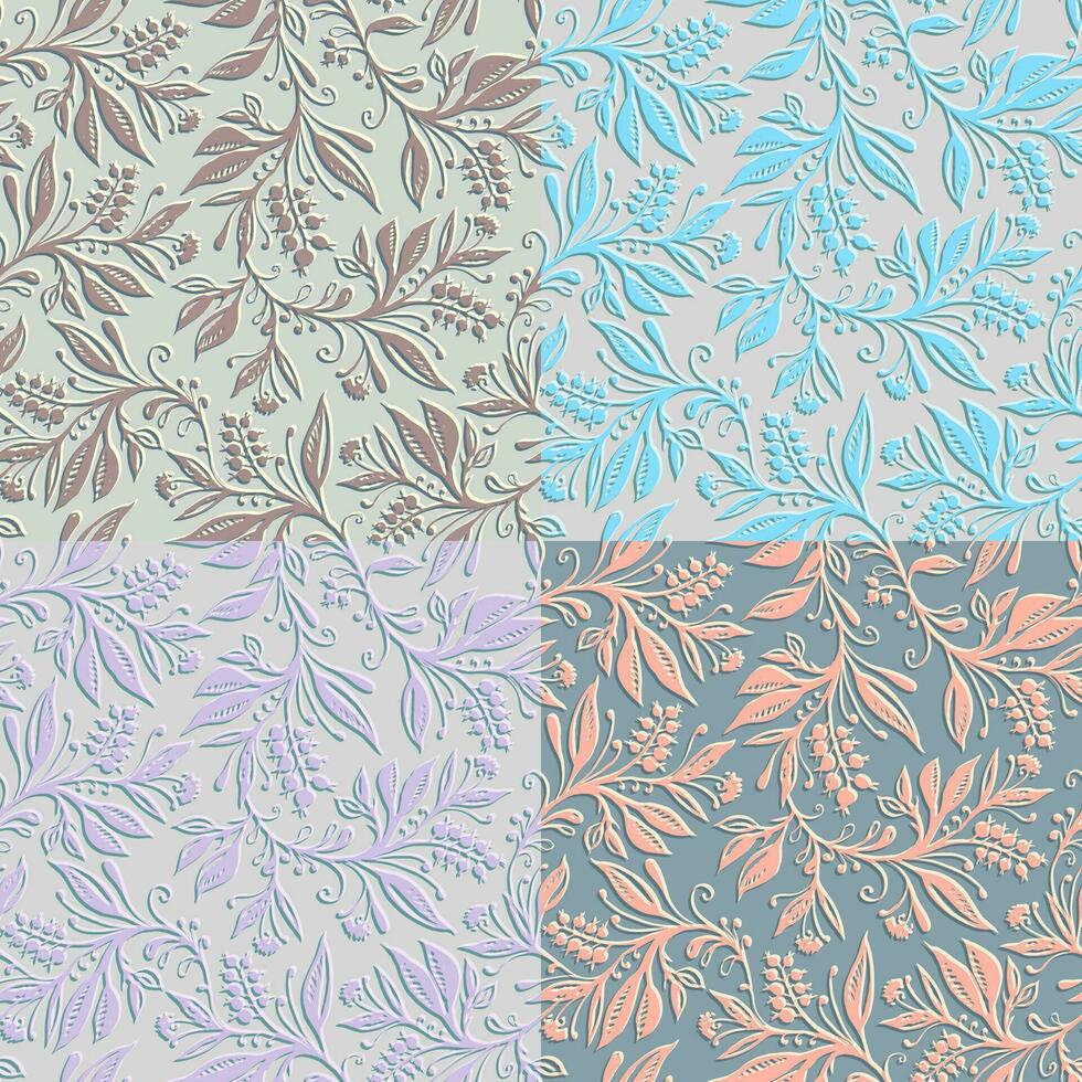 4 Floral seamless patterns with leaves and berries. Hand drawn and digitized. Background for title, image for blog, decoration. Design for wallpapers, textiles, fabrics. vector