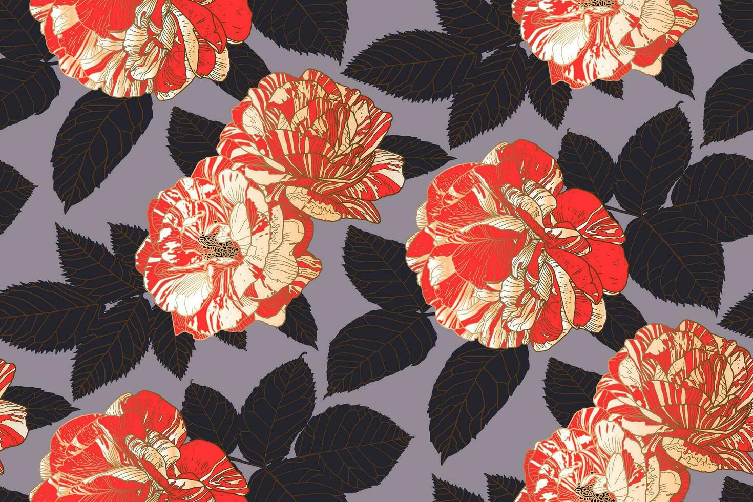 Floral repeating pattern of white-red roses and black leaves with bronze outlines on heliotrope grey. Wallpaper design for textiles, paper, print, fashion, card background, beauty products. vector