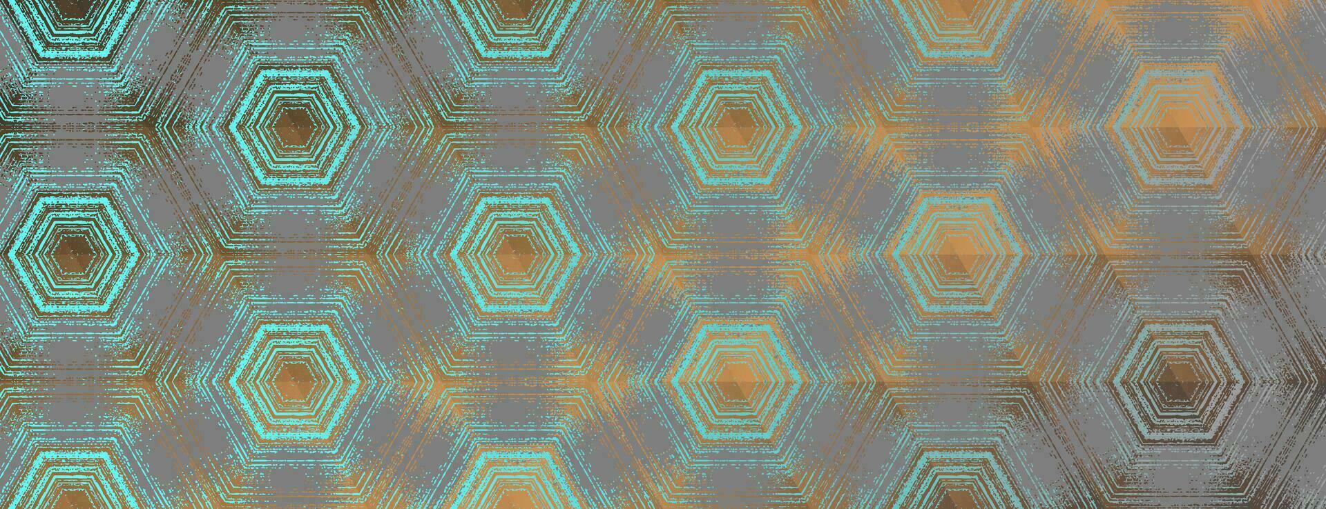 Hexagon pattern, abstract cyan, grey and bronze textured kaleidoscope ornament. Symmetric geometric design for wallpaper, background, banner, cover, collage, packaging. vector
