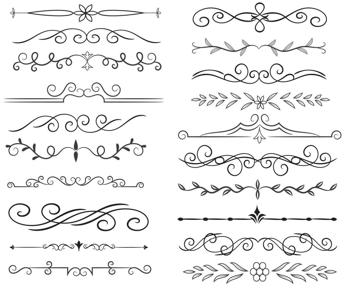 Page Divider And Design Elements. Set of Various Simple Black Divider Design, Assorted Divider Collection Template Vector. Collection of floral dividers elements mega decoration for Calligraphy. vector