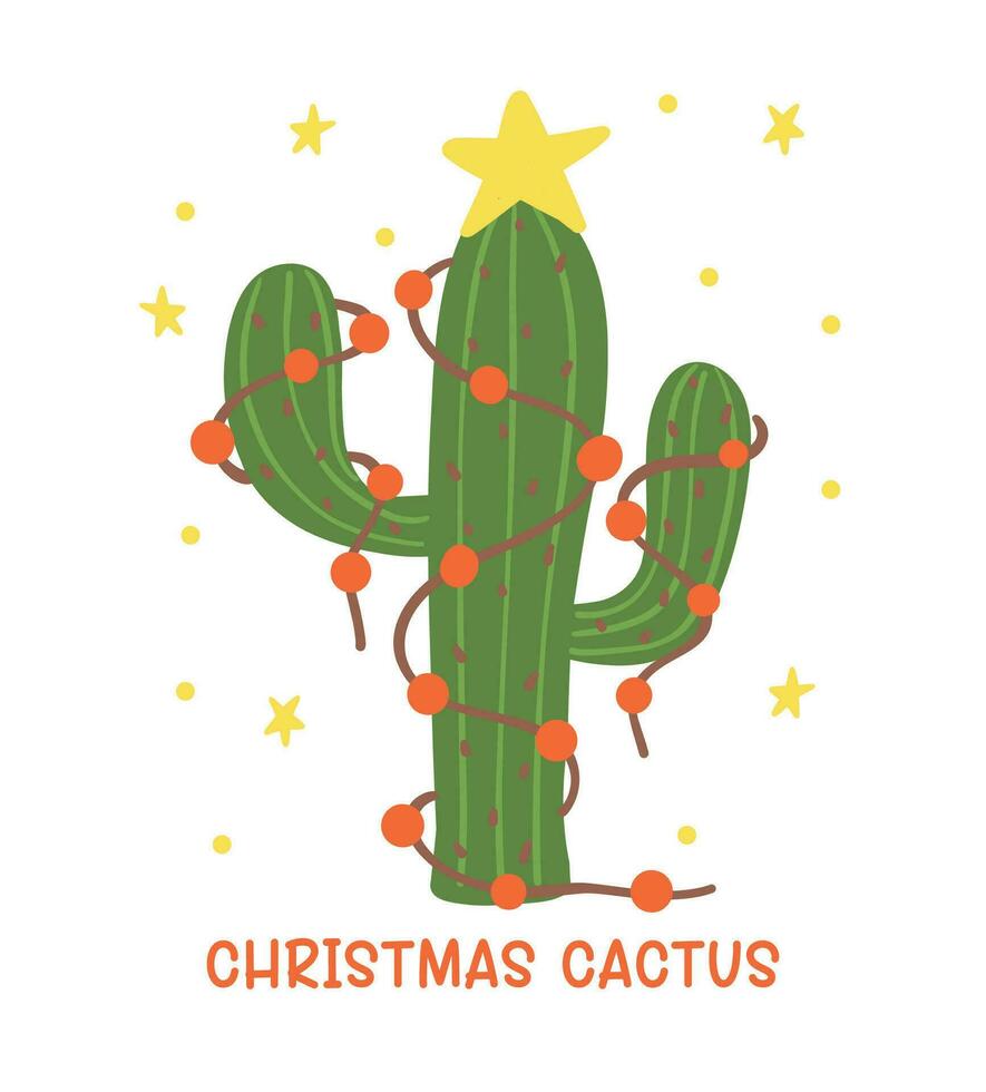 Christmas Cactus Cartoon, Cute Retro Western Cowboy Hand Drawing and Festive Flat Design vector
