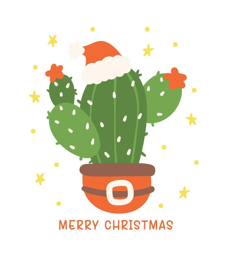 Cute Christmas Cactus with Santa Hat, Kawaii Retro Western Cowboy plant Hand Drawing and Festive Flat Design vector