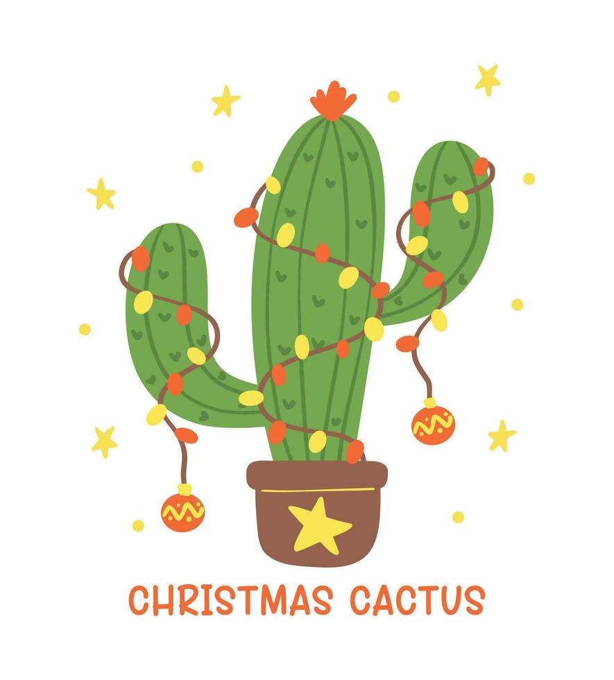 Christmas Cactus Cartoon, Retro Western Cowboy Hand Drawing and Festive Flat Design vector