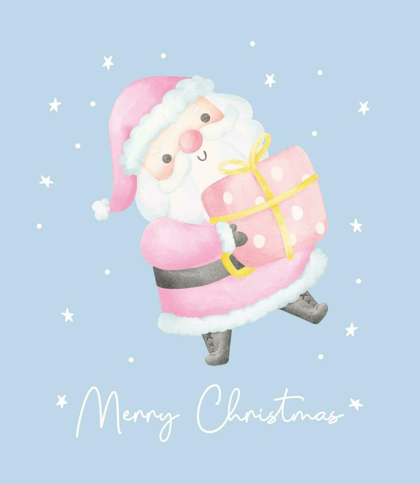 Cute Pink Christmas Santa Claus with gift watercolor with Adorable Smile Greeting card Cartoon character Hand Painting vector