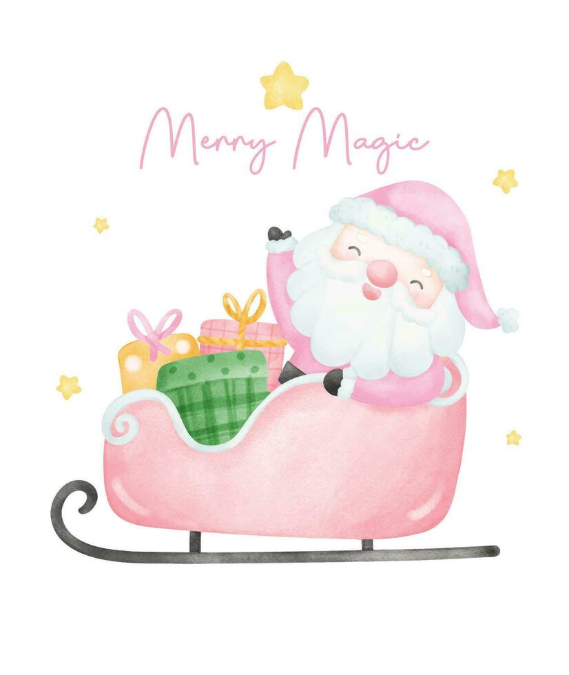 Cute Pink Christmas Santa Claus in sleigh watercolor with adorable smiling Santa Claus cartoon character vector illustration