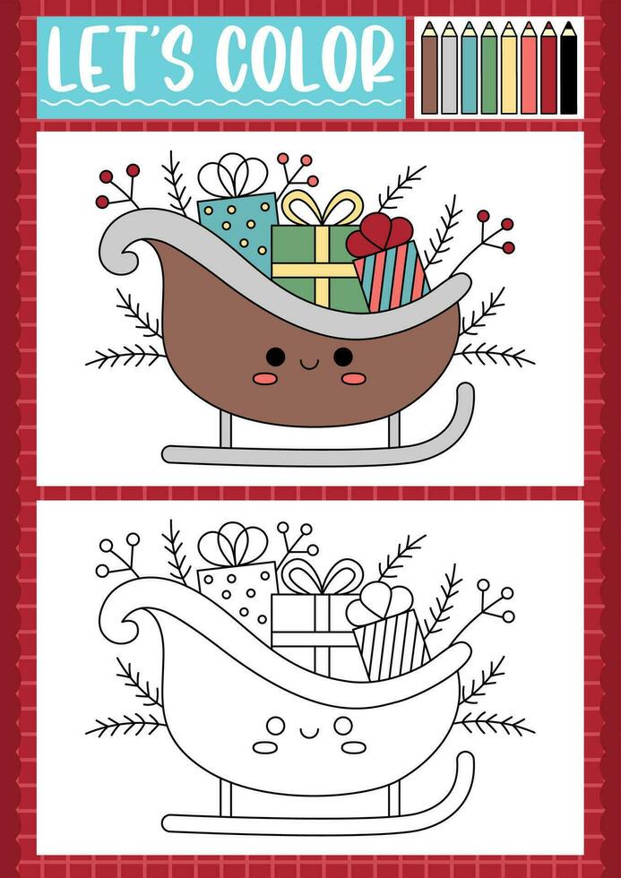 Christmas coloring page for children with cute kawaii Santa sledge with presents. Vector winter holiday outline illustration. Color book for kids with colored example. Drawing printable worksheet