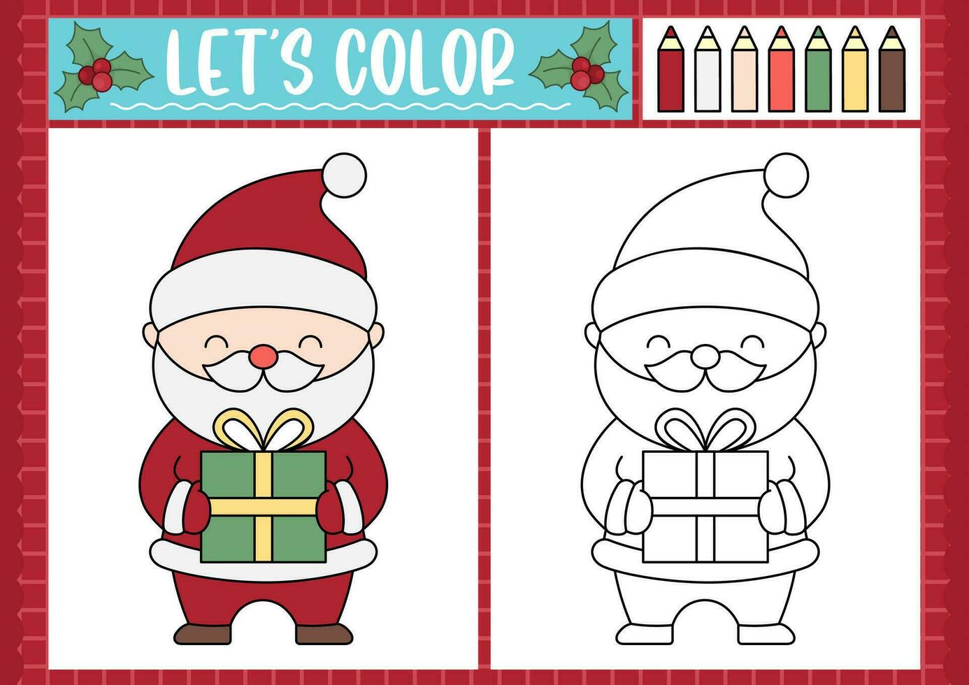 Christmas coloring page for children with cute kawaii Santa Claus. Vector winter holiday outline illustration. Color book for kids with colored example. Drawing skills printable worksheet