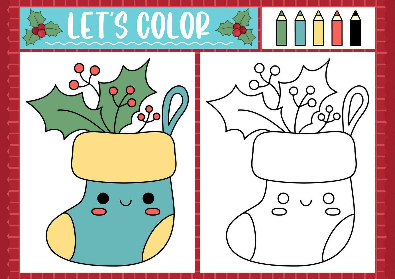 Christmas coloring page for children with cute kawaii stocking with holly. Vector winter holiday outline illustration. Color book for kids with colored example. Drawing skills printable worksheet