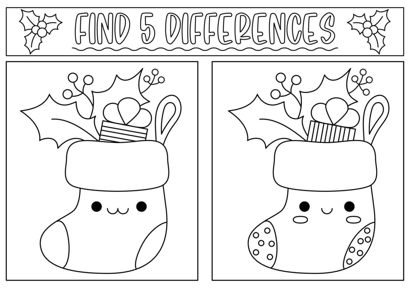 Christmas black and white find differences game for children. Attention skills activity with cute stocking with holly and present. New Year line puzzle or coloring page. What is different worksheet vector