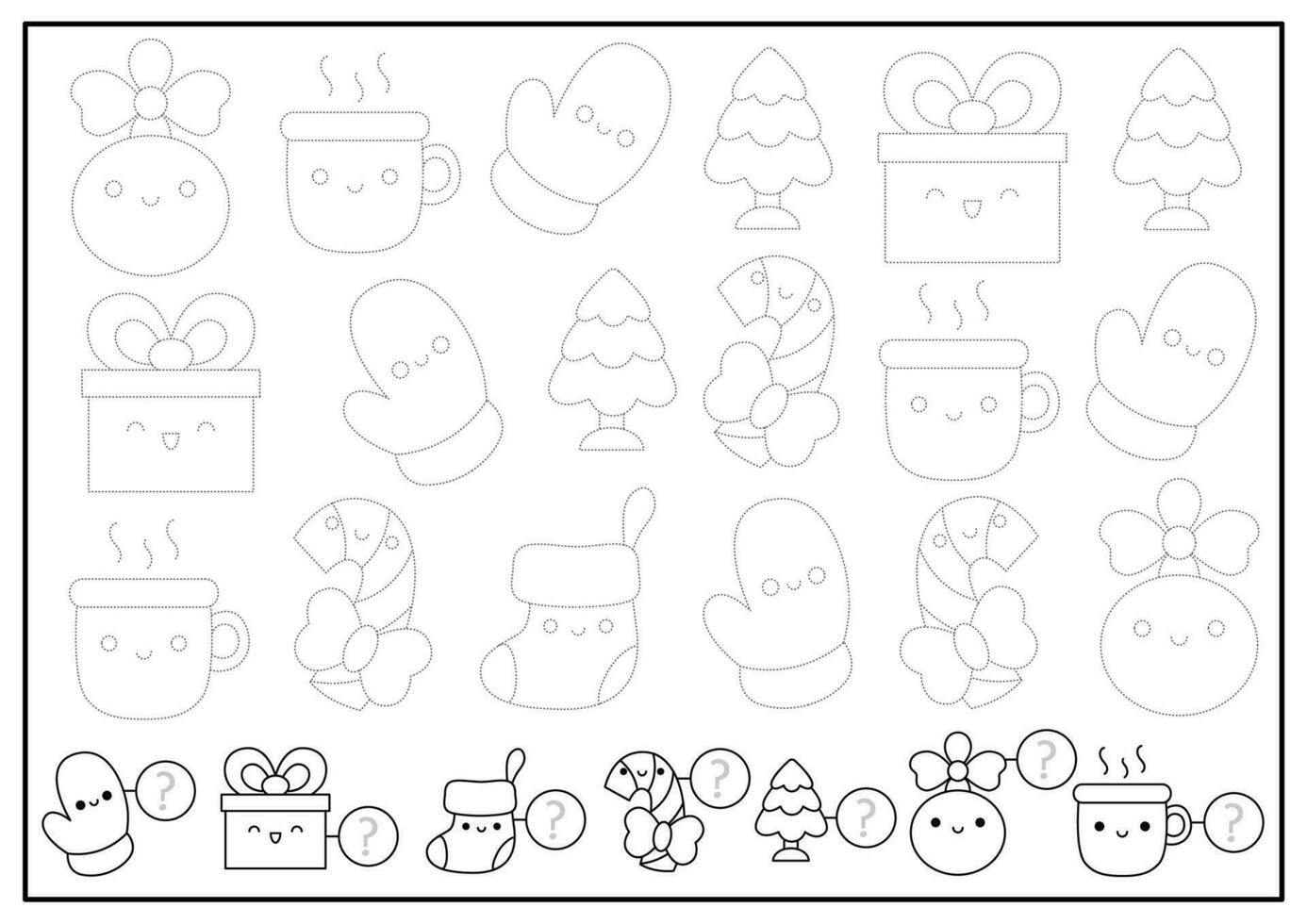 Christmas tracing worksheet with traditional holiday characters. Trace and count activity. Educational math, spy and drawing game. Winter holiday coloring page with present, candy cane, stocking vector