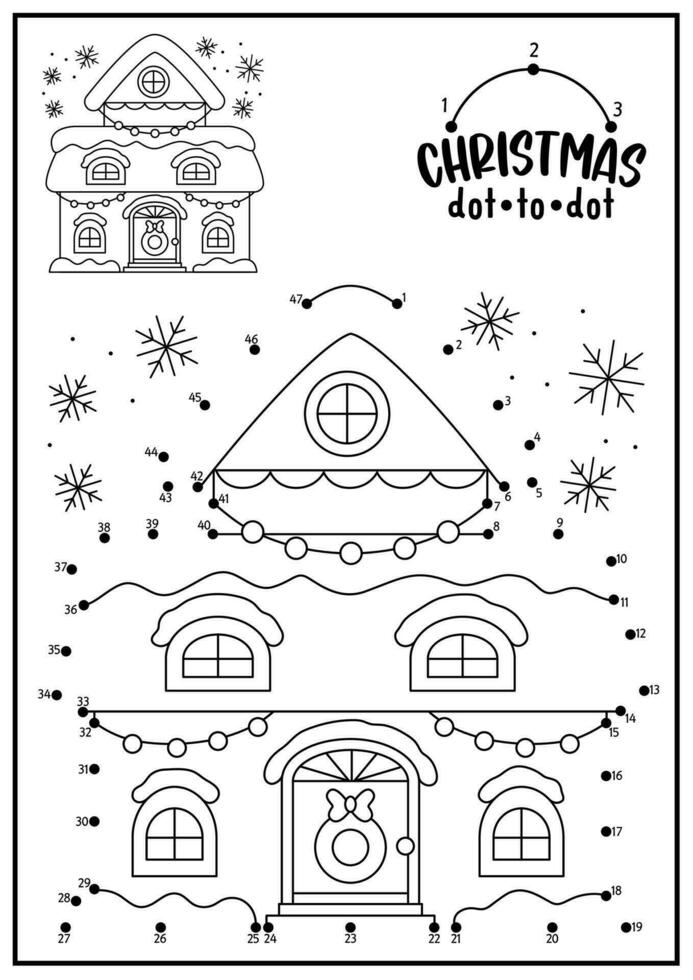 Vector Christmas dot-to-dot and color activity with cute kawaii house. Winter holiday connect the dots game with snow covered cottage or home. New Year coloring page for kids. Printable worksheet