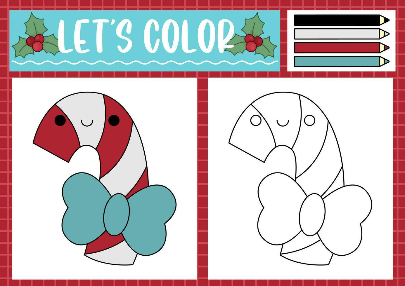 Christmas coloring page for children with cute kawaii caramel candy cane. Vector winter holiday outline illustration. Color book for kids with colored example. Drawing skills printable worksheet
