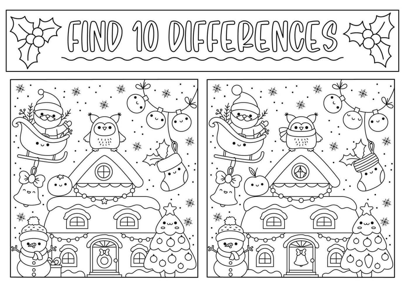 Christmas black and white find differences game for children. Attention skills activity with cute Santa Claus, house, tree, snowman. New Year line puzzle or coloring page for kids vector