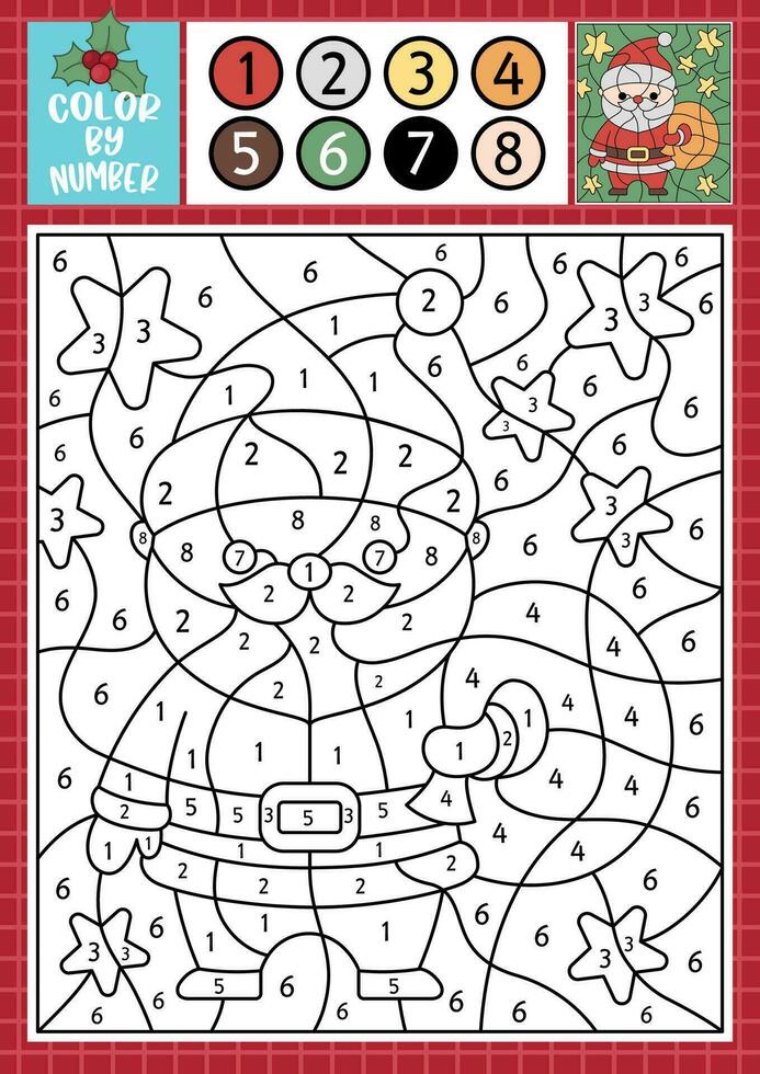 vector Navidad color por número actividad con linda kawaii Papa Noel claus con bolsa. invierno fiesta escena. negro y blanco contando juego con Santo Nicolás, bolsa, presenta nuevo año colorante página