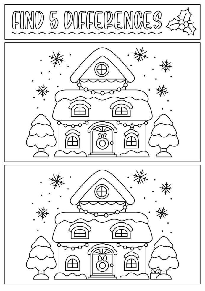 Navidad negro y blanco encontrar diferencias juego para niños. atención habilidades actividad con linda decorado casa, árbol, nieve y copos de nieve. nuevo año línea rompecabezas o colorante página para niños vector