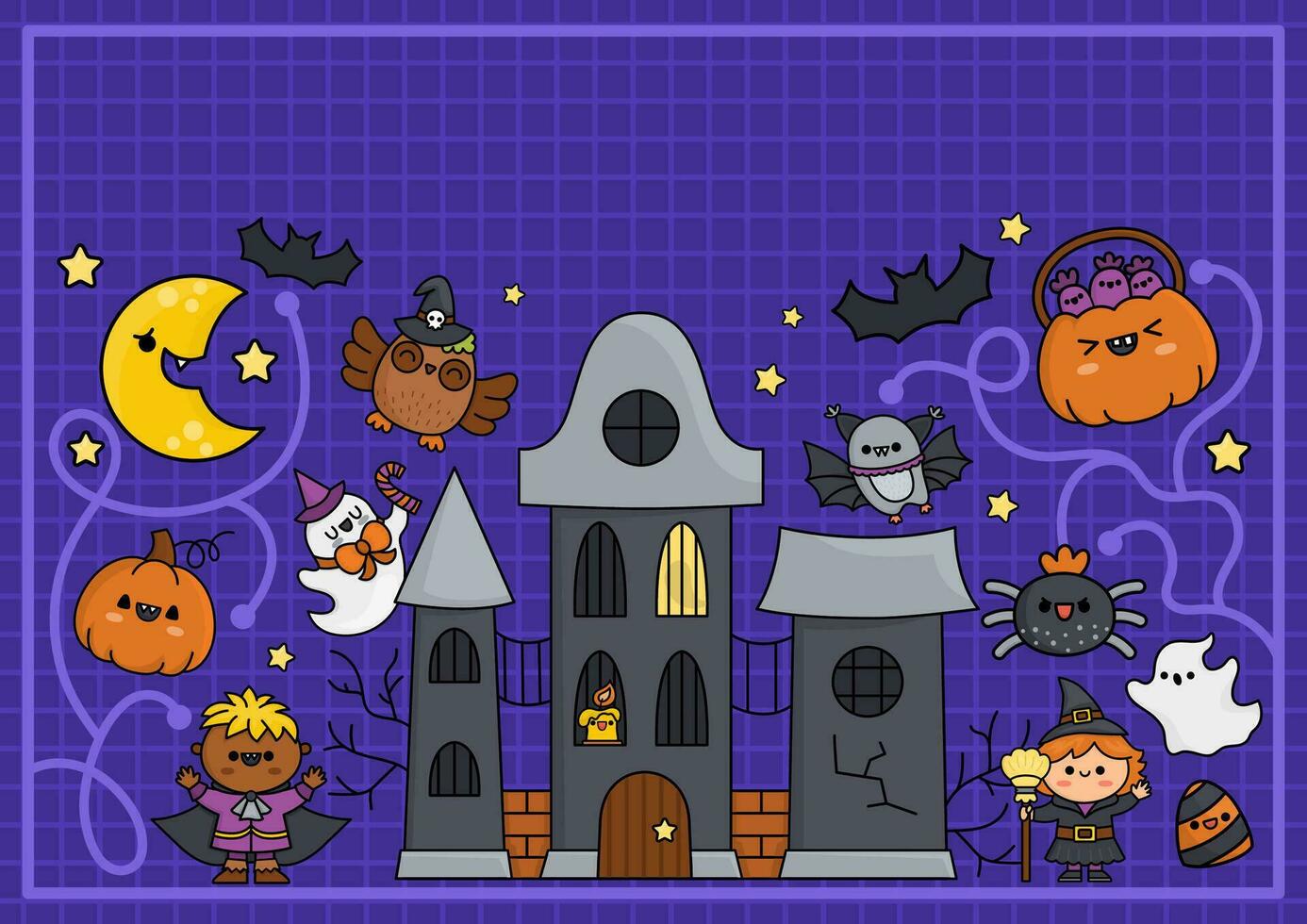 Vector Halloween background with cute haunted house, bat, witch, vampire. Funny autumn holiday card, activity book cover with scary ghost, pumpkin. Cartoon trick or treat horizontal illustration