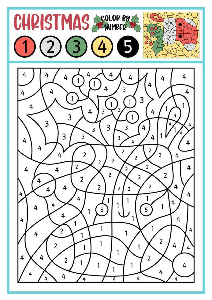 Vector Christmas color by number activity with cute kawaii stocking. Winter holiday scene. Black and white counting game with sock, holly leaves and berries. New Year coloring page for kids