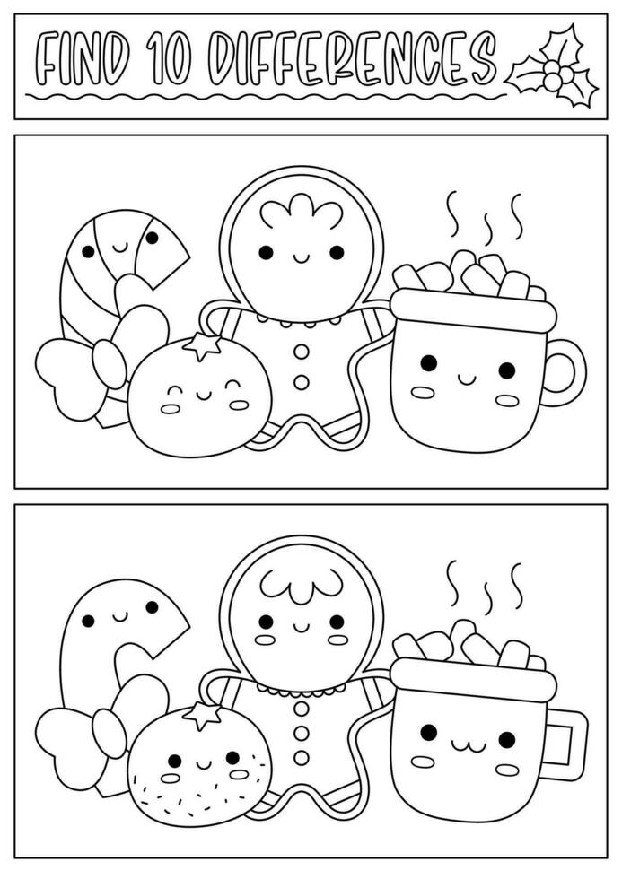 Christmas black and white find differences game for children. Attention skills activity with cute treats, candy, gingerbread. New Year line puzzle or coloring page for kids vector