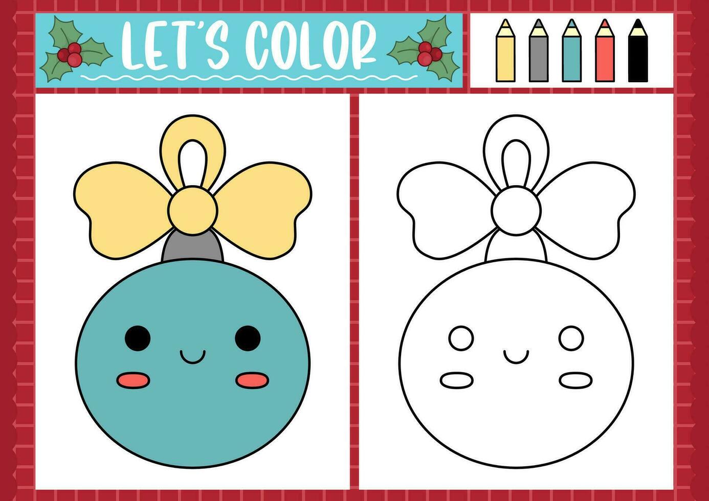 Christmas coloring page for children with cute kawaii colored ball. Vector winter holiday outline illustration. Color book for kids with colored example. Drawing skills printable worksheet