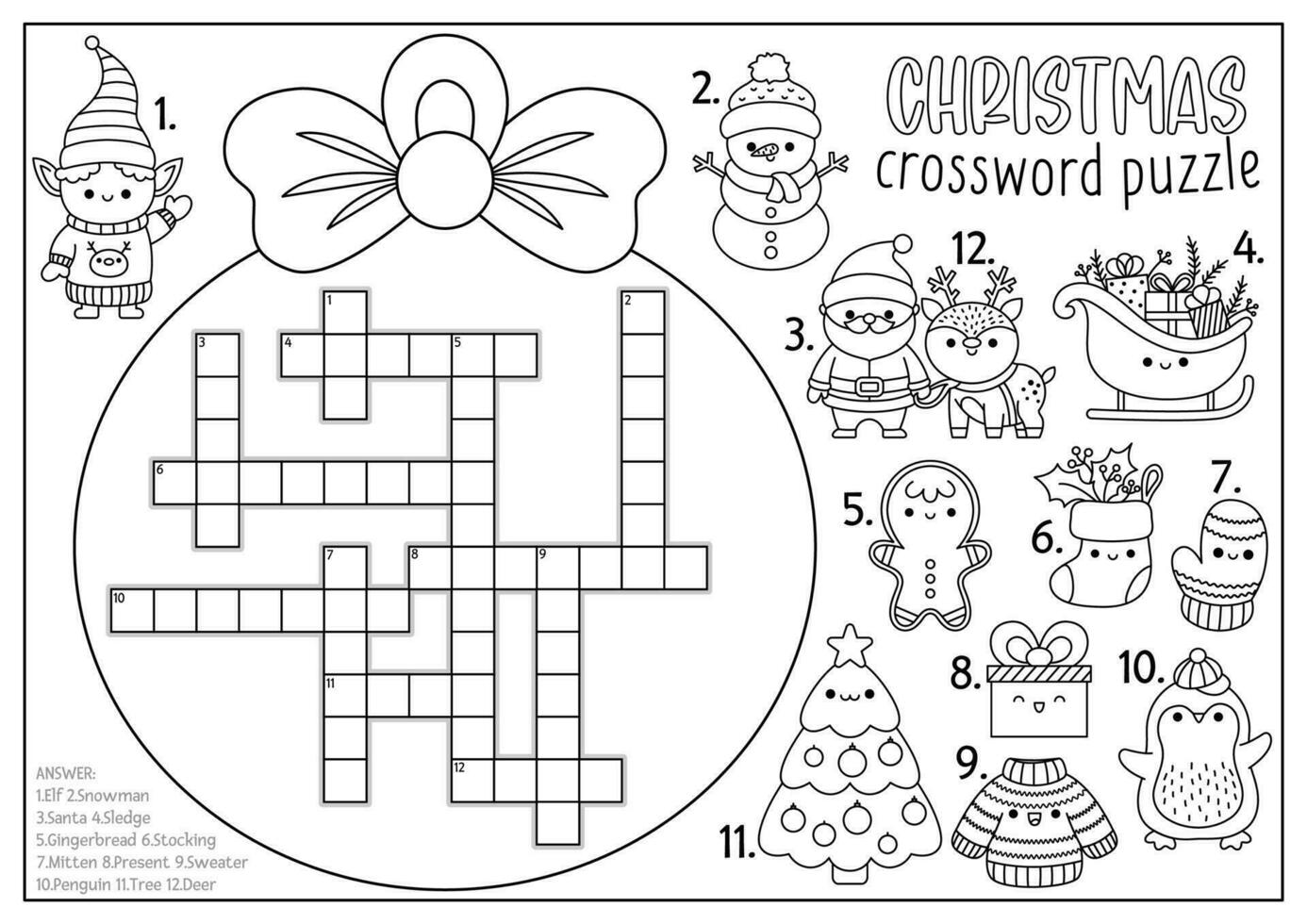 Vector Christmas black and white ball shaped crossword puzzle for kids