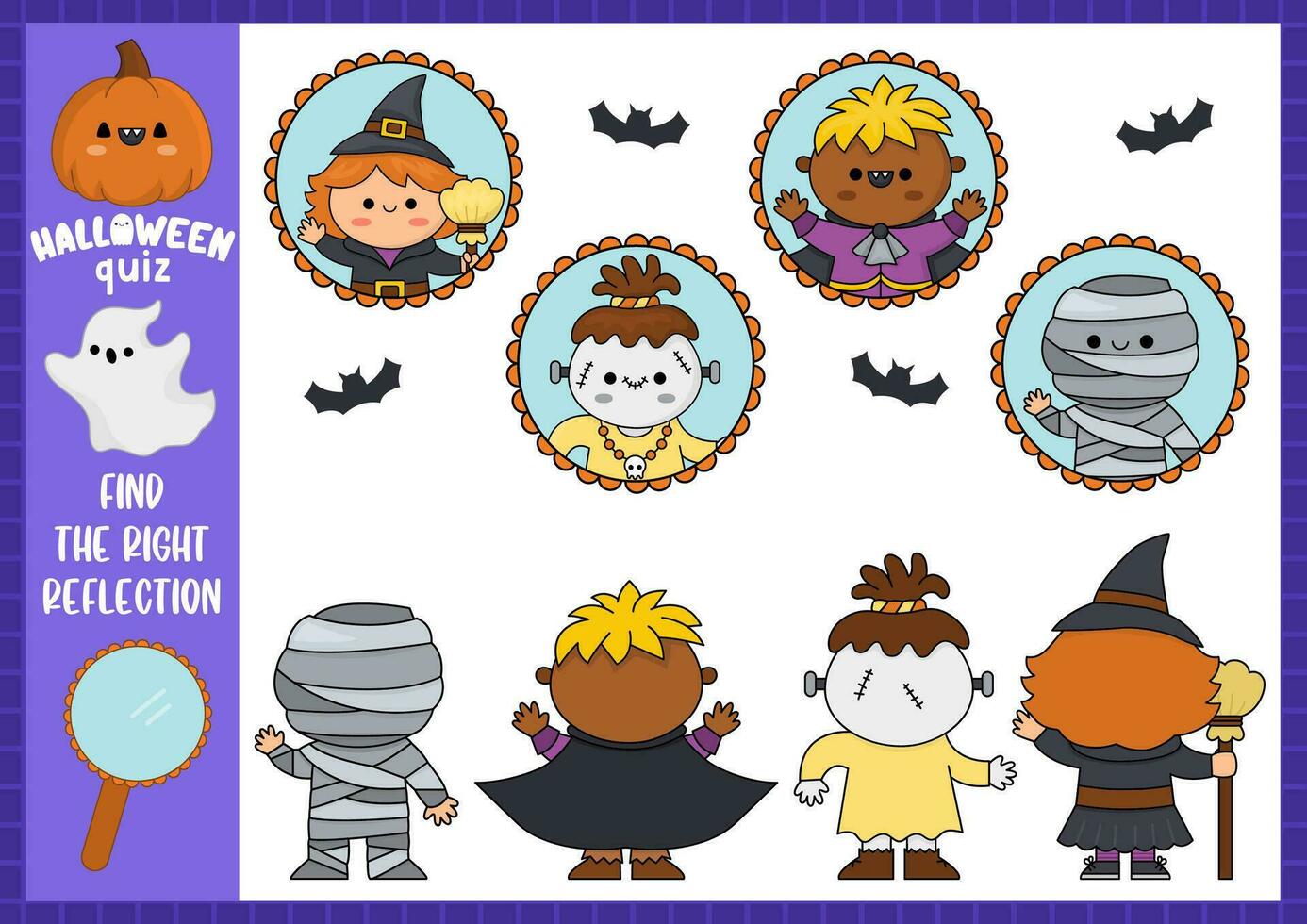 Halloween find the right reflection activity. Logical matching quiz with witch, vampire, mummy, monster. Winter holiday puzzle with cute kawaii characters. Find correct mirror printable worksheet vector