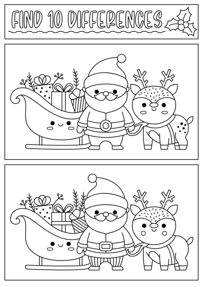 Christmas black and white find differences game for children. Attention skills activity with cute Santa Claus, sledge, deer. New Year line puzzle or coloring page for kids. What is different worksheet vector