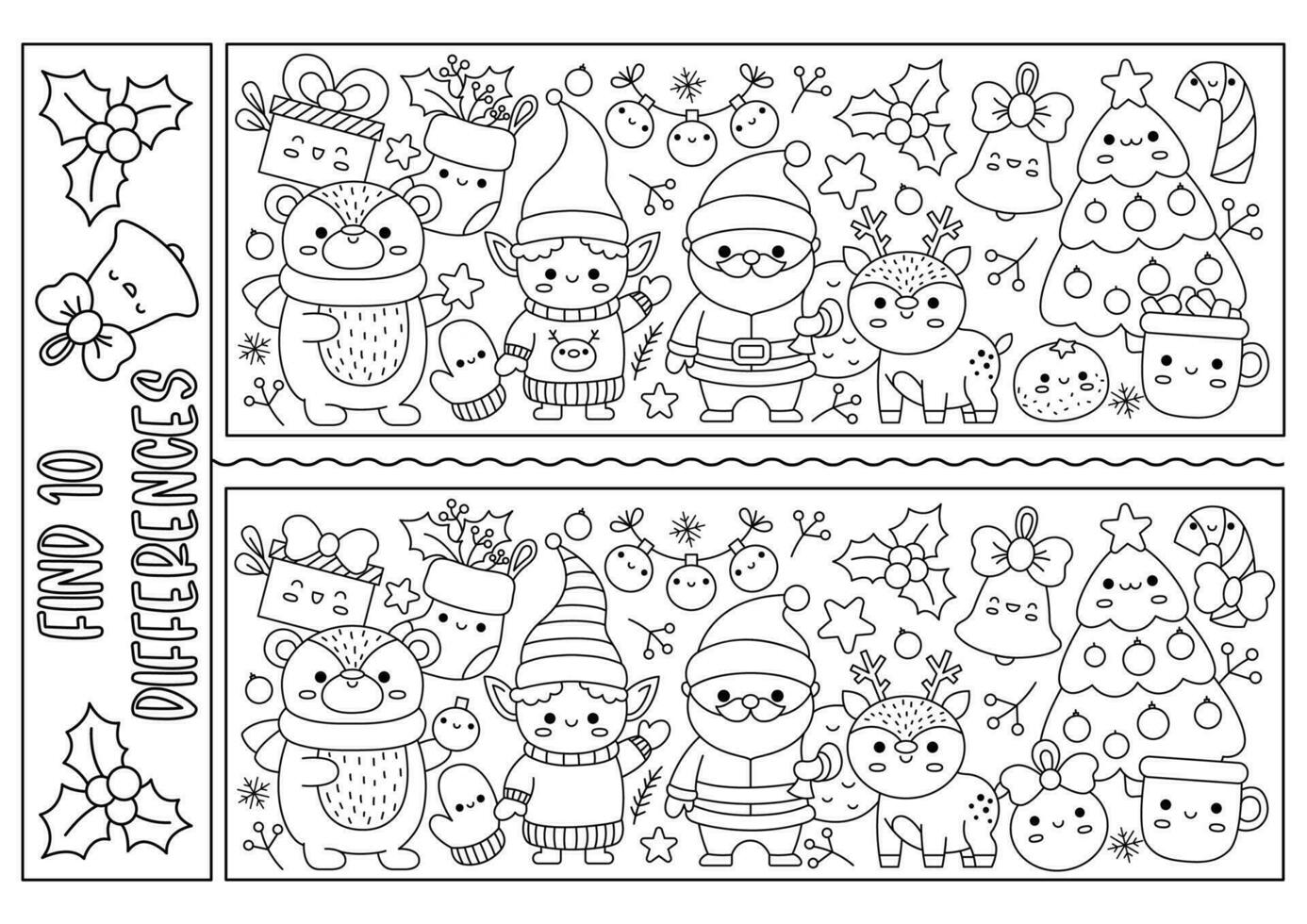 Christmas black and white find differences game for children. Attention skills activity with cute Santa Claus, deer, tree, animals and winter symbols. New Year line puzzle or coloring page for kids vector