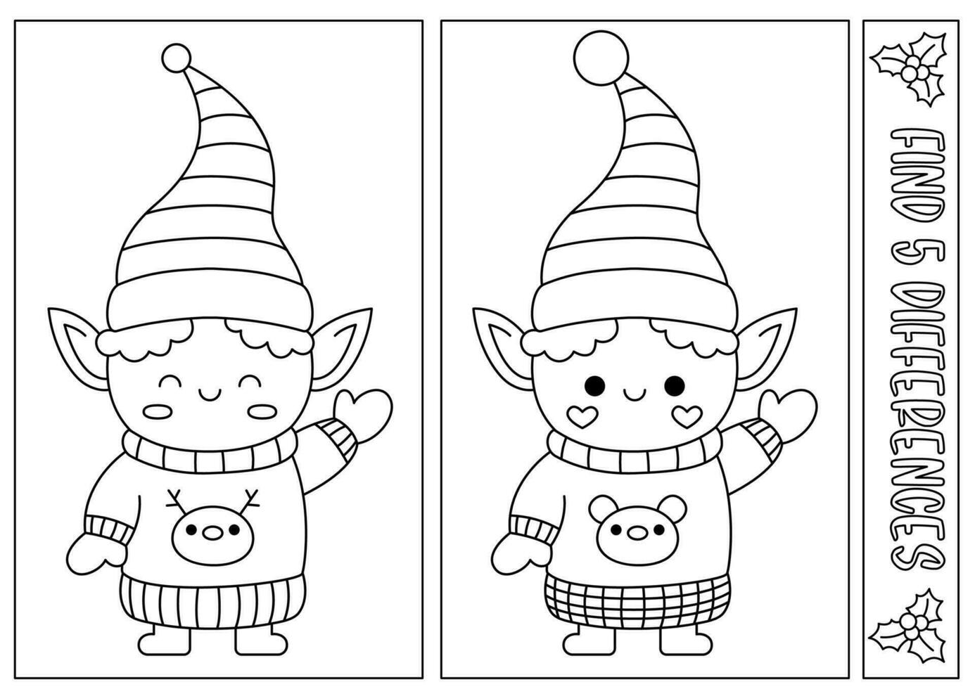 Christmas black and white find differences game for children. Attention skills activity with cute elf in stripy hat. New Year line puzzle or coloring page for kids. What is different worksheet vector